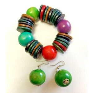 Colorful Ethnic Style Coconut Shell & Wood Beads Stretch Bracelet & Earrings Set